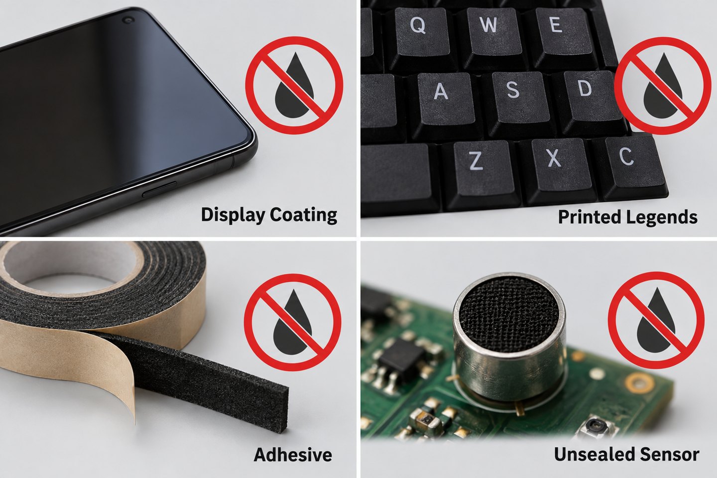 Display coating, printed legends, adhesive tape, and an unsealed sensor that require IPA compatibility checks