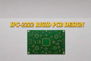 IPC-2222 rigid PCB design title above a centered green rigid PCB