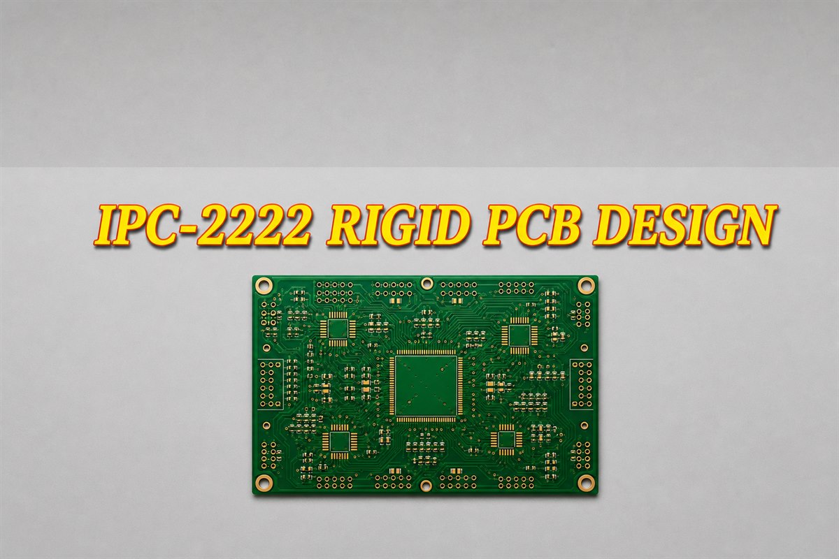 IPC-2222 rigid PCB design title above a centered green rigid PCB