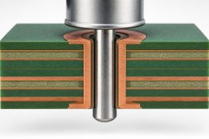 Plated through-hole cutaway showing the relationship between a component lead, finished hole and copper barrel