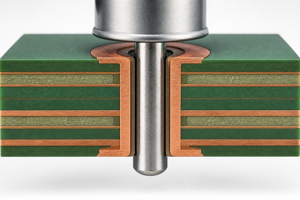 Plated through-hole cutaway showing the IPC-2222 relationship between a component lead, finished hole and copper barrel