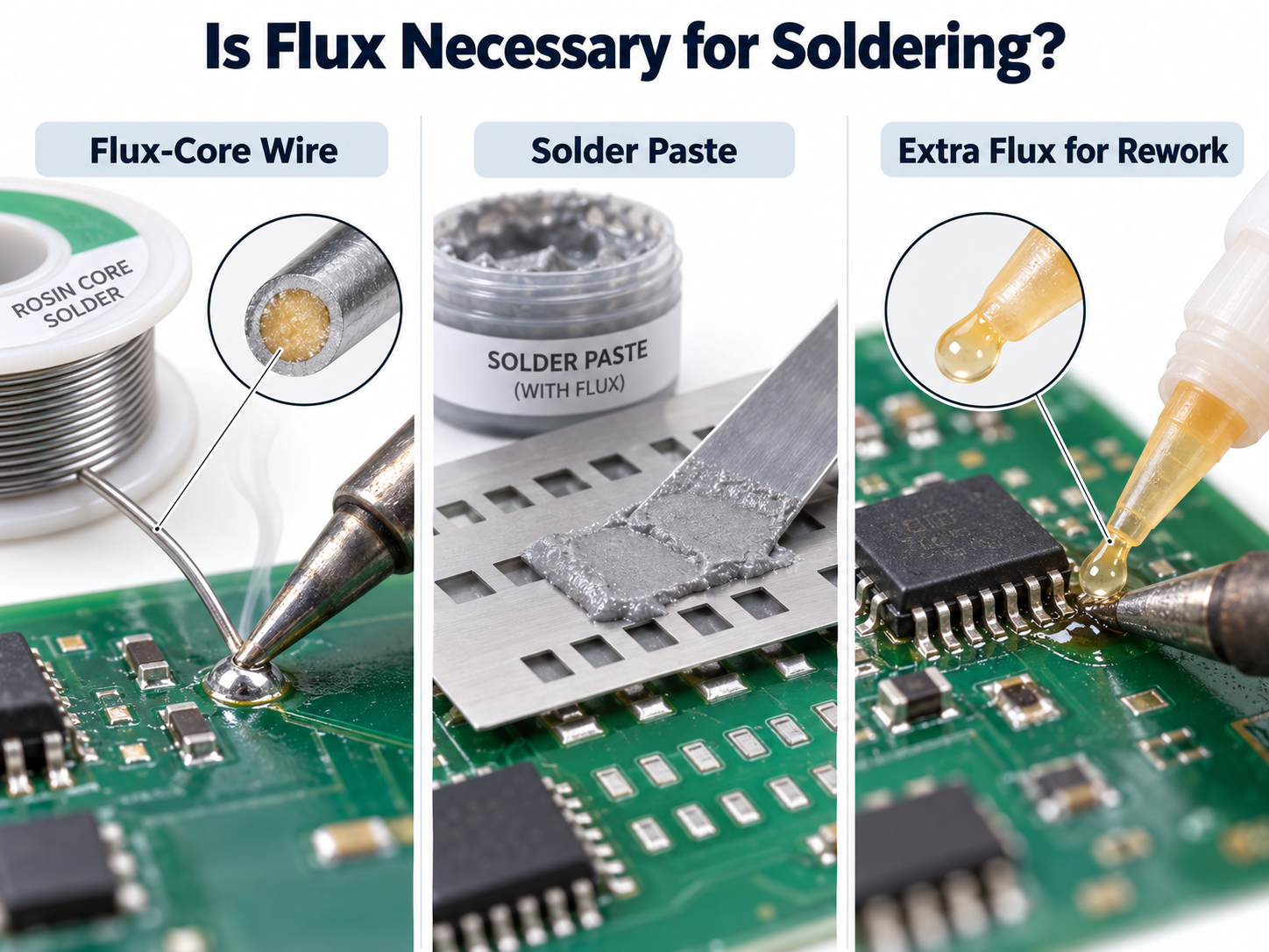 Is Flux Necessary for Soldering? Flux-core wire, solder paste, and extra flux used for PCB rework