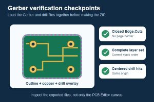 How to export Gerber files from KiCad, Gerber outline copper layers and drill hits checked together before manufacturing