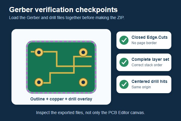 How to export Gerber files from KiCad, Gerber outline copper layers and drill hits checked together before manufacturing