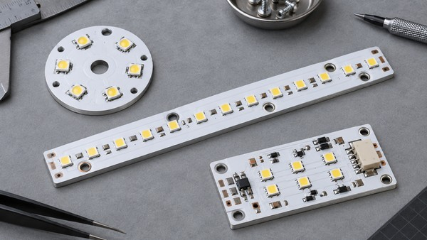 Round strip and rectangular custom LED aluminum PCB formats on an engineering workbench
