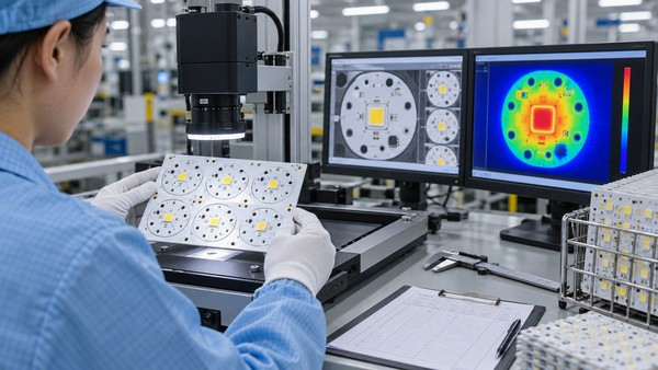 Technician inspecting assembled LED aluminum PCB panels with optical and thermal imaging equipment