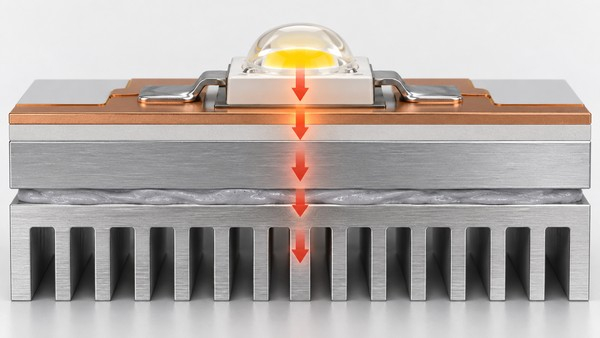 Cross-section showing heat moving from a high-power LED through copper dielectric aluminum base and thermal interface to a heat sink
