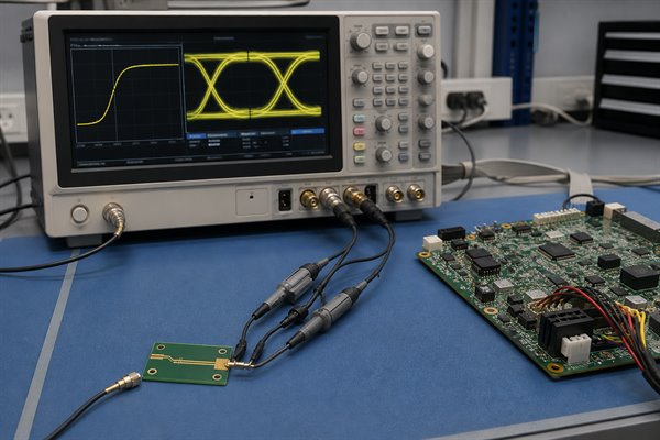 LVDS PCB example, oscilloscope and impedance coupon used for differential signal verification
