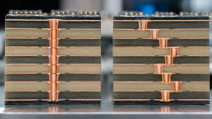 Cross-sectional comparison of vertical stacked microvias and offset staggered microvias