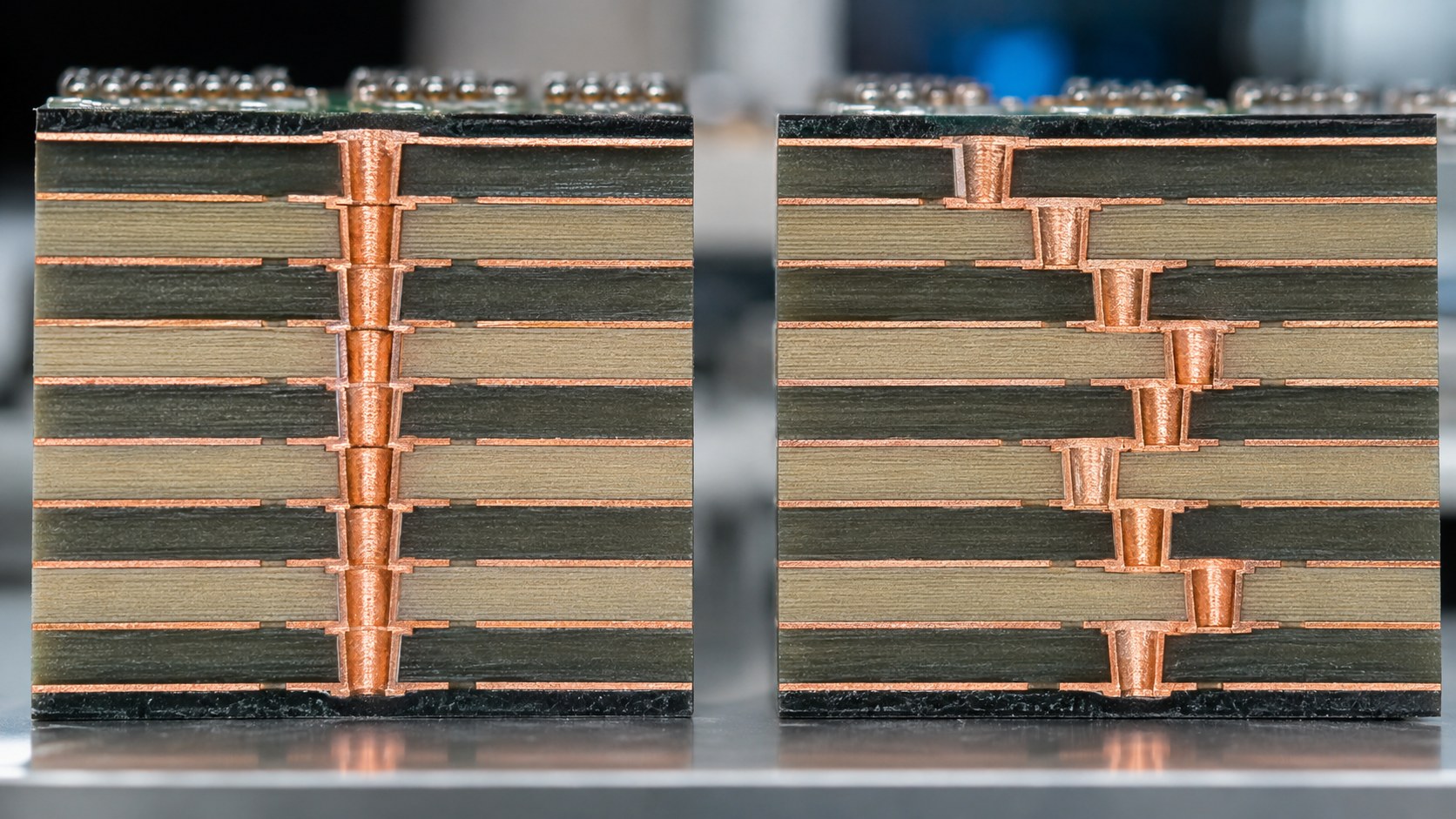 Cross-sectional comparison of vertical stacked microvias and offset staggered microvias