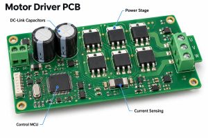 Motor driver PCB showing power stage, DC-link capacitors, current sensing and control MCU