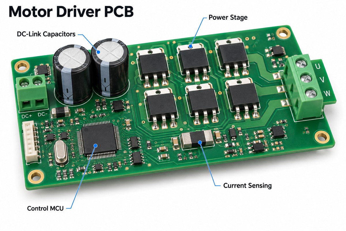 Motor driver PCB showing power stage, DC-link capacitors, current sensing and control MCU