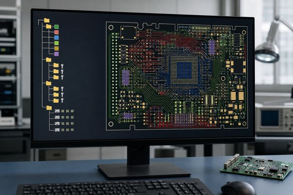 ODB++ file, CAM workstation showing a PCB data hierarchy and multilayer board
