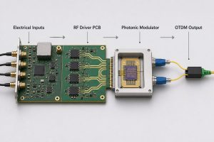 OTDM PCB signal chain from electrical inputs through RF driver and photonic modulator