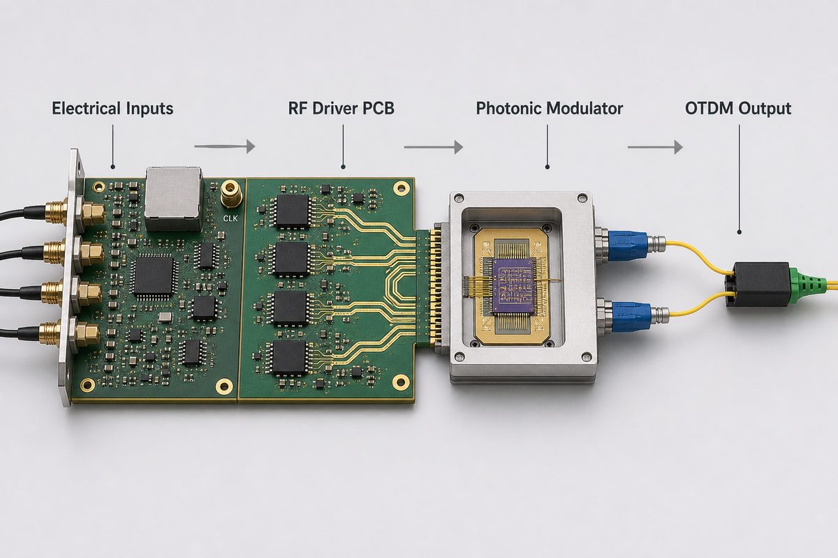 Electrical inputs passing through an RF driver PCB and photonic modulator to an OTDM output