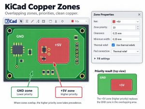 KiCad copper zone properties and zone priority for overlapping GND and 5V zones