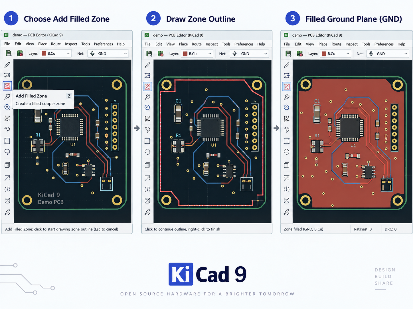 How to add a GND filled copper zone and ground plane in KiCad 9