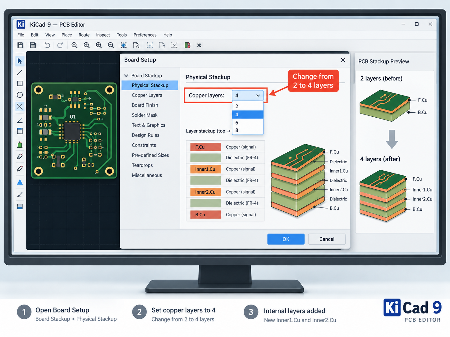 KiCad 9 Physical Stackup changing a PCB from two copper layers to four copper layers