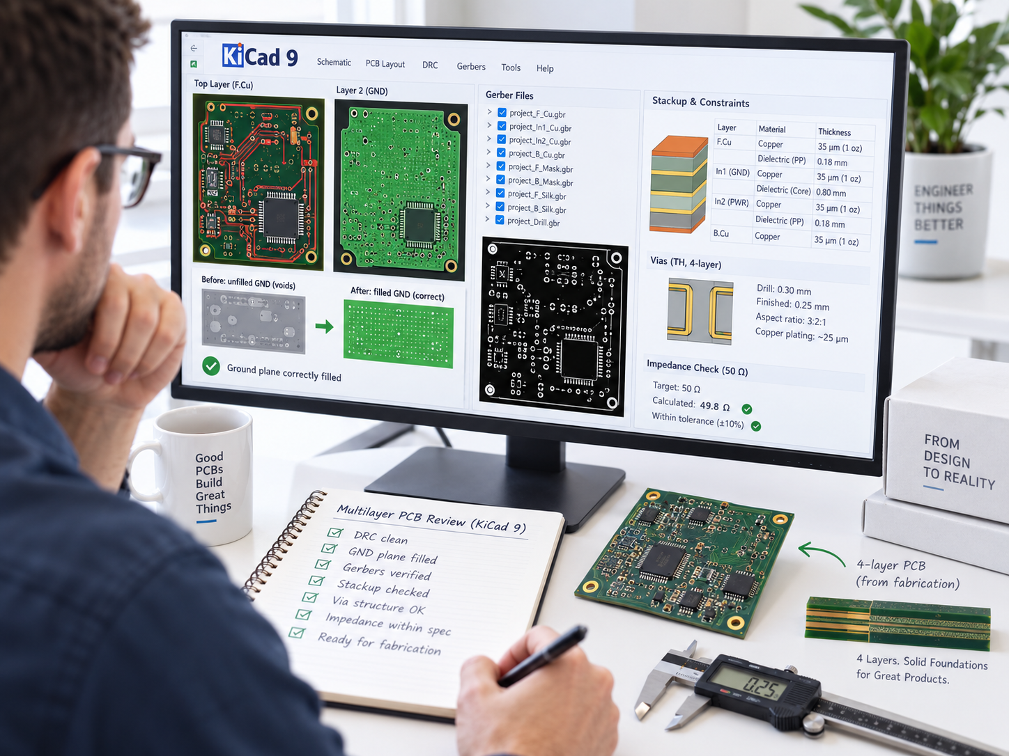 KiCad 9 multilayer PCB fabrication review with Gerber stackup via and impedance checks
