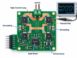 H bridge PCB layout with high-current copper, decoupling, gate driver, thermal vias, current sense, and oscilloscope testing