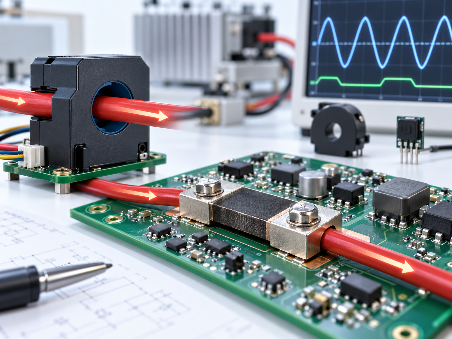 Current sensors on a PCB and electronics test setup