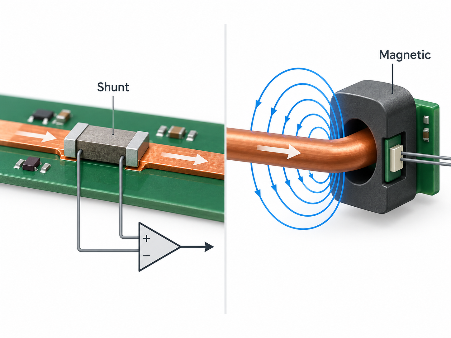 Direct shunt sensing and magnetic current sensing methods