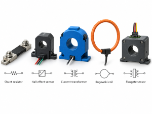 Five main types of current sensors including shunt, Hall effect, current transformer, Rogowski coil and fluxgate