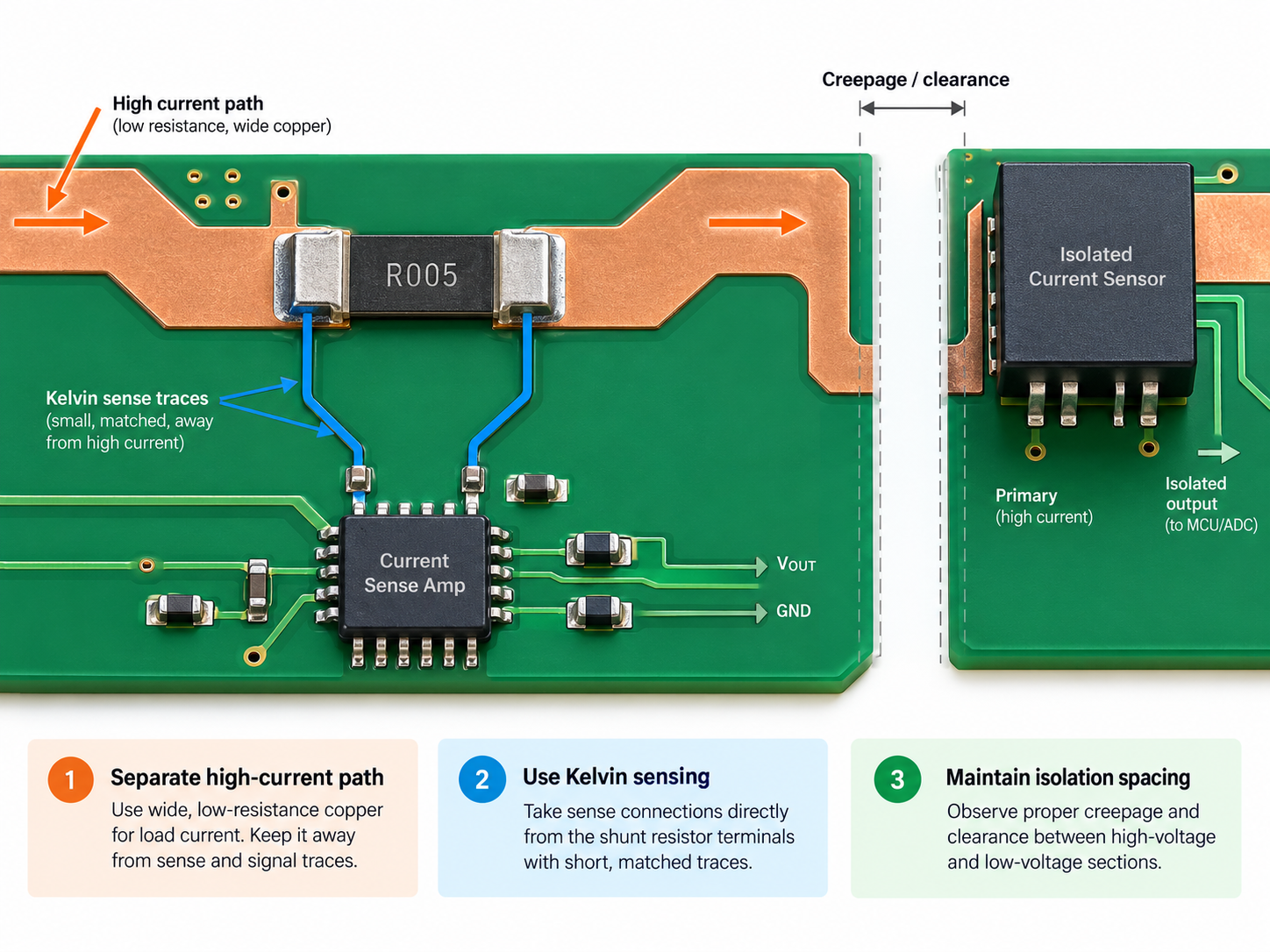 Current sensor PCB layout with Kelvin sense traces, high-current copper path and isolation spacing