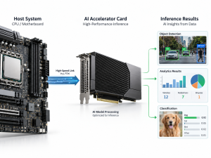 AI acceleration card inference data flow from host CPU through PCIe to accelerator and inference results