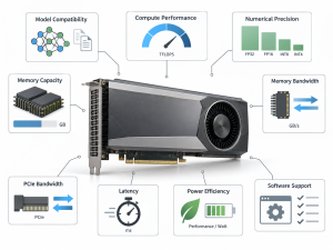 AI inference acceleration card specifications including compute performance memory bandwidth PCIe latency power efficiency and software support