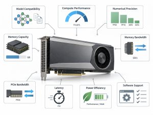 AI inference acceleration card specifications including compute performance memory bandwidth PCIe latency power efficiency and software support