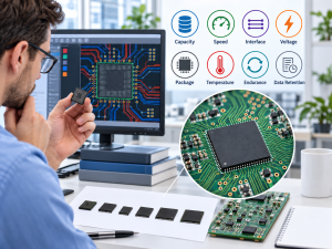 Engineer selecting memory chip specifications and reviewing PCB routing