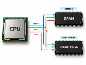 Diagram showing CPU address read and write connections to DRAM and NAND Flash