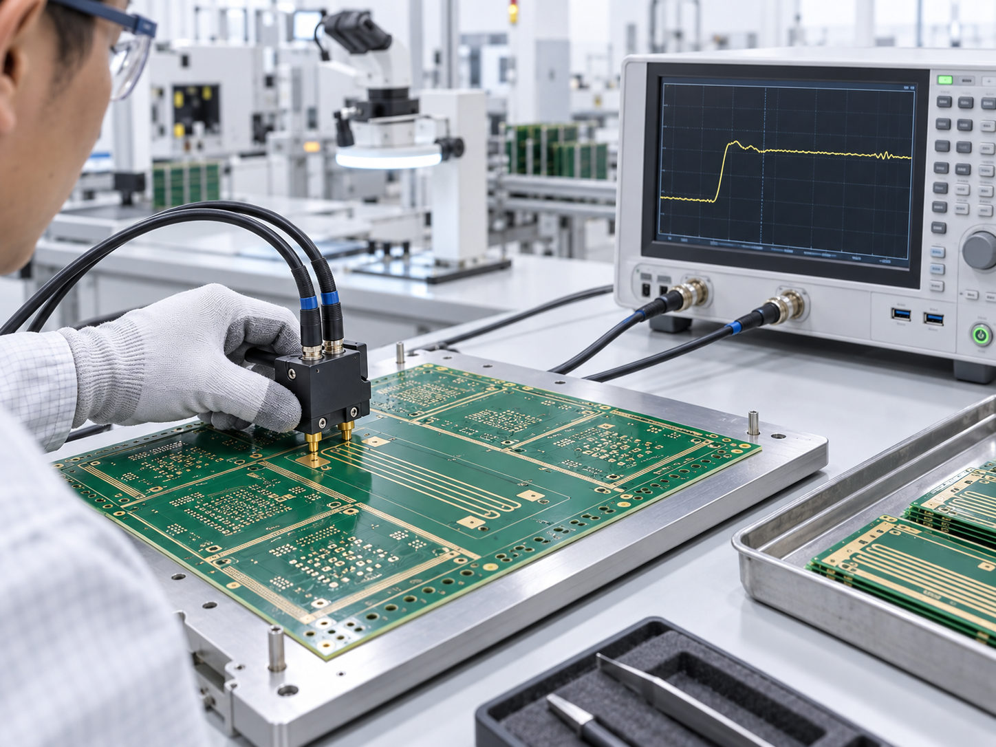 Technician performing TDR impedance testing on PCB impedance coupon