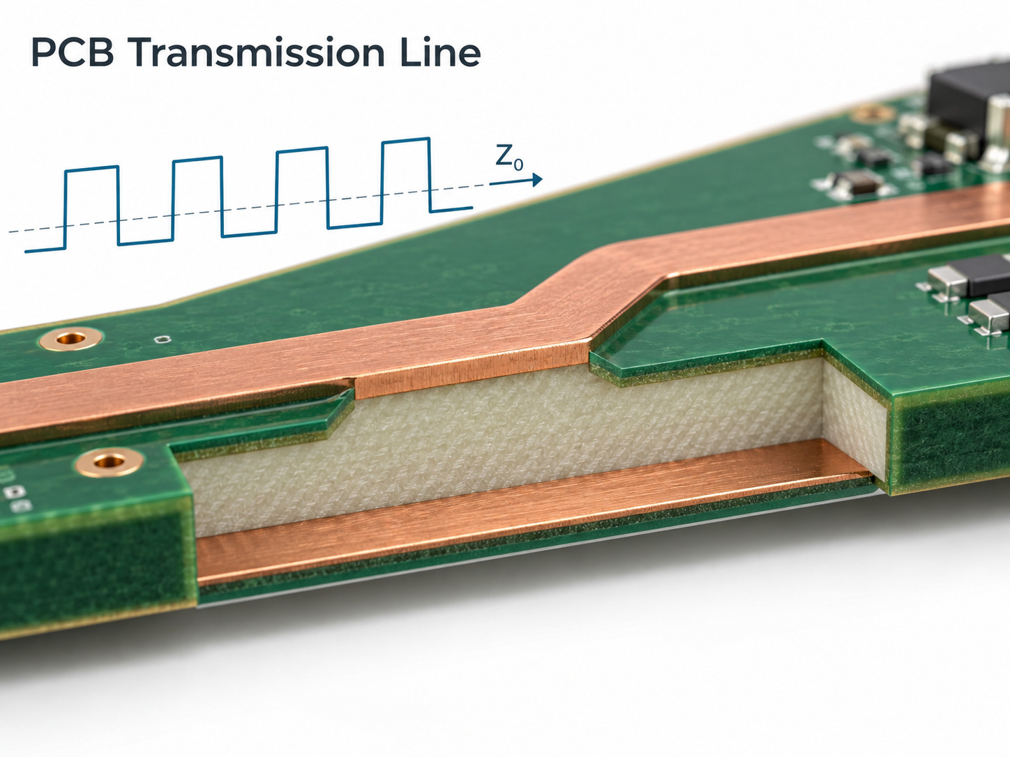 PCB transmission line cross-section showing signal trace dielectric reference plane and characteristic impedance