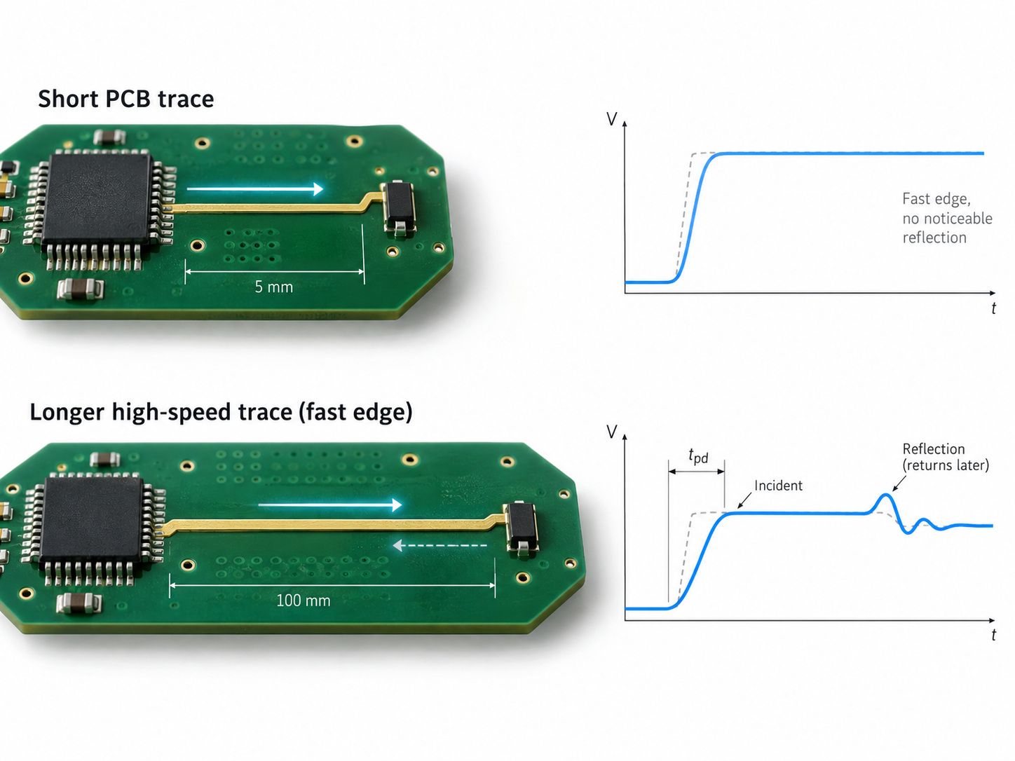 Short PCB trace and longer high-speed trace showing propagation delay and reflection
