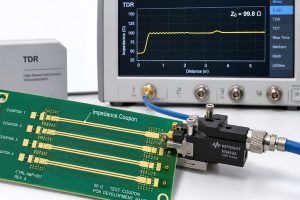 PCB impedance test coupon connected to TDR equipment for controlled impedance verification