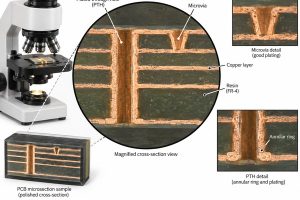PCB microsection showing plated through hole microvia copper layers annular ring and resin