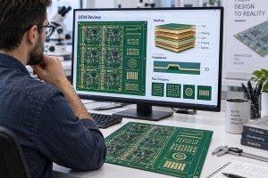 Engineer reviewing PCB stackup impedance and test coupon requirements during DFM