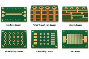 Common PCB test coupon types including impedance plated through-hole microvia via reliability solderability and SIR coupons