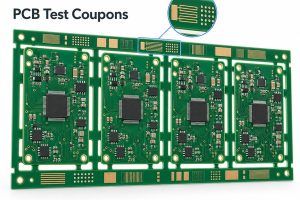 PCB test coupons integrated into the panel rail of a production PCB panel