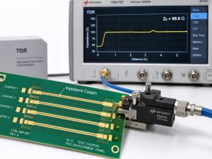 PCB impedance test coupon connected to TDR equipment for controlled impedance verification