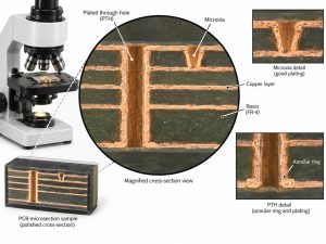 PCB microsection showing plated through hole microvia copper layers annular ring and resin