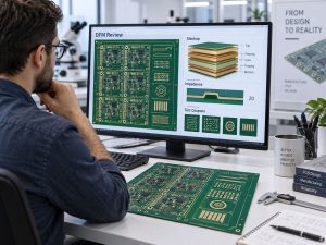 Engineer reviewing PCB stackup impedance and test coupon requirements during DFM