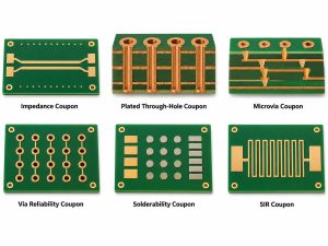 Common PCB test coupon types including impedance plated through-hole microvia via reliability solderability and SIR coupons