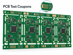 PCB test coupons integrated into the panel rail of a production PCB panel