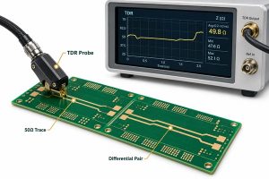 PCB impedance test coupon connected to TDR equipment for controlled impedance verification