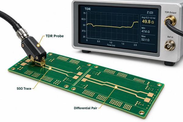 PCB impedance test coupon connected to TDR equipment for controlled impedance verification
