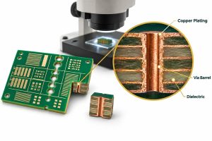 PCB microsection showing plated through hole microvia copper layers annular ring and resin