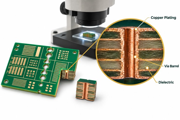 PCB microsection showing plated through hole microvia copper layers annular ring and resin